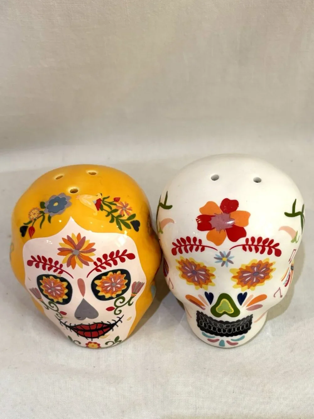 Hand Painted Ceramic Sugar Skull Salt & Pepper Shaker Set Day of the Dead